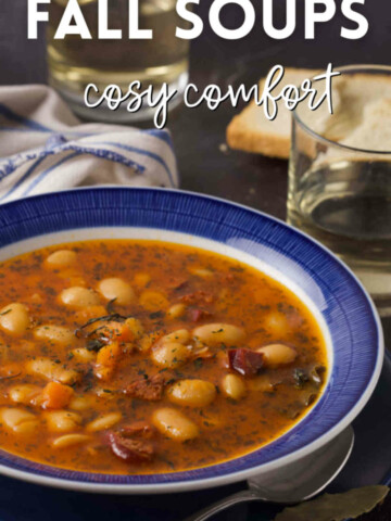 White bowl with a blue border filled with a bean soup.