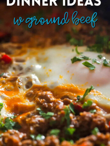 A pin depicting poached eggs on a bed of ground beef.