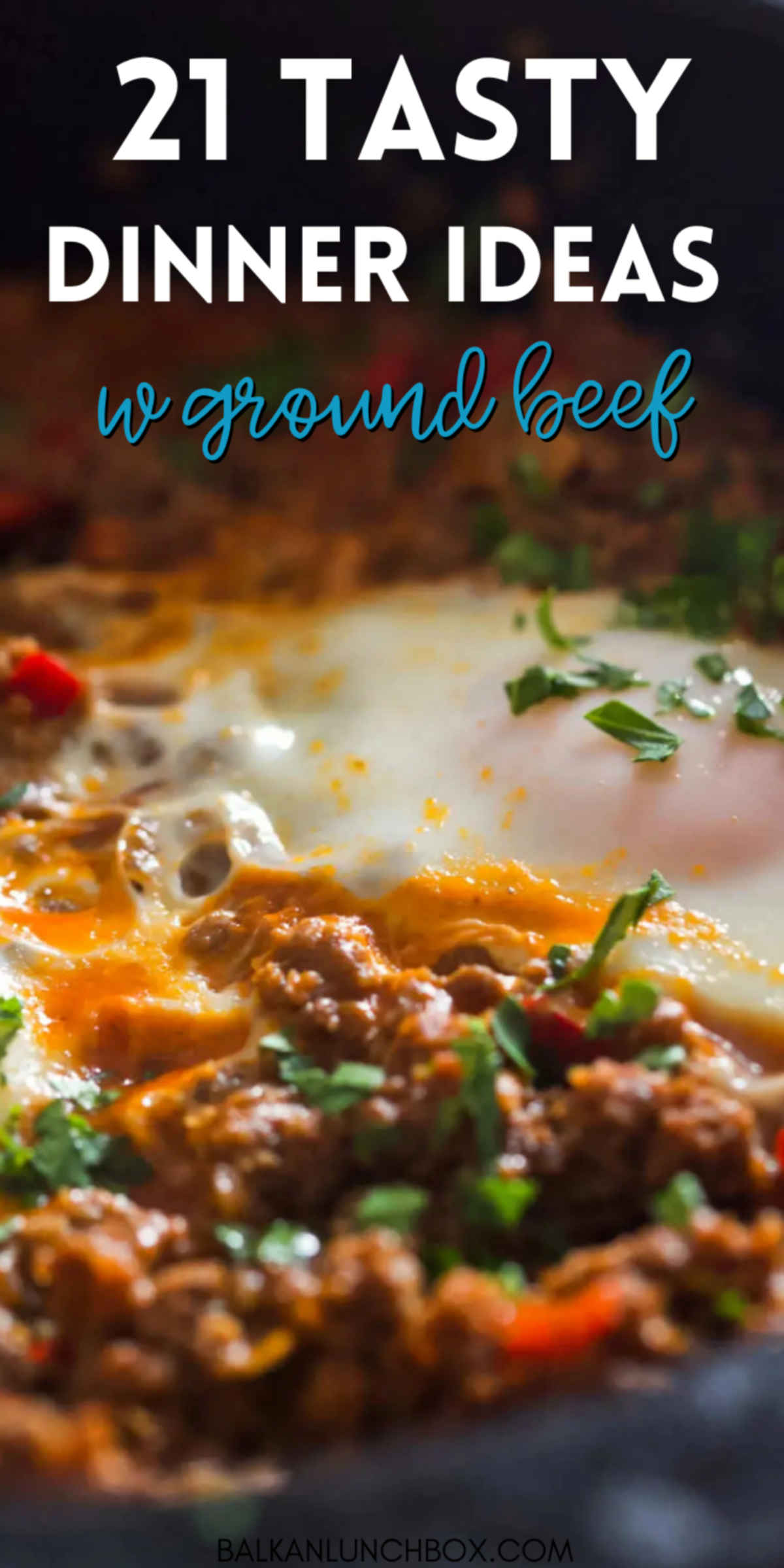 A pin depicting poached eggs on a bed of ground beef.