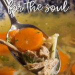 Closeup of a bowl of soup, and a spoon holding a handful. .