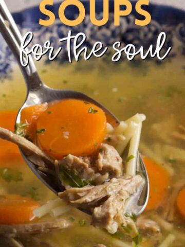 Closeup of a bowl of soup, and a spoon holding a handful. .
