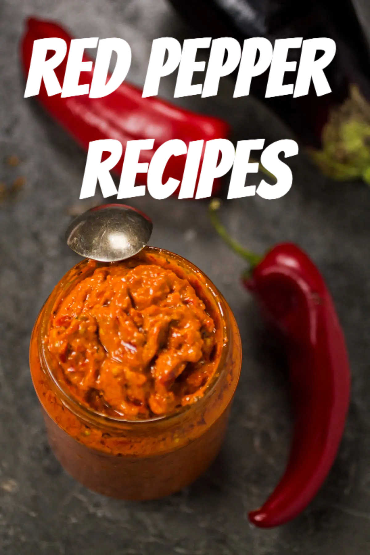 Ajvar in a jar and two red bell peppers (roga peppers) on marble gray background, pictured overhead.