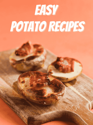Photograph of three potato halves on a cutting board on an orange background.