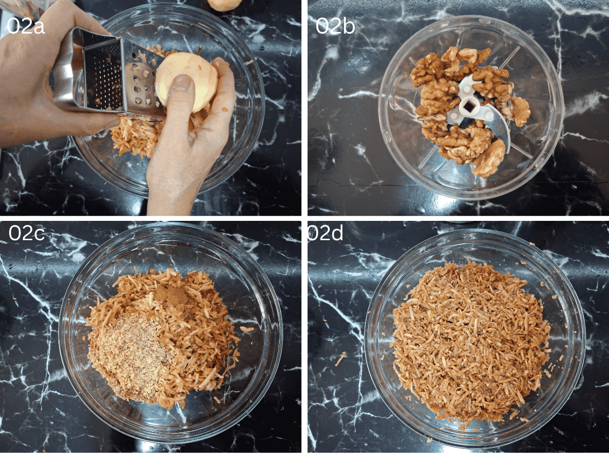 Four photos depicting preparation of apple pie filling.