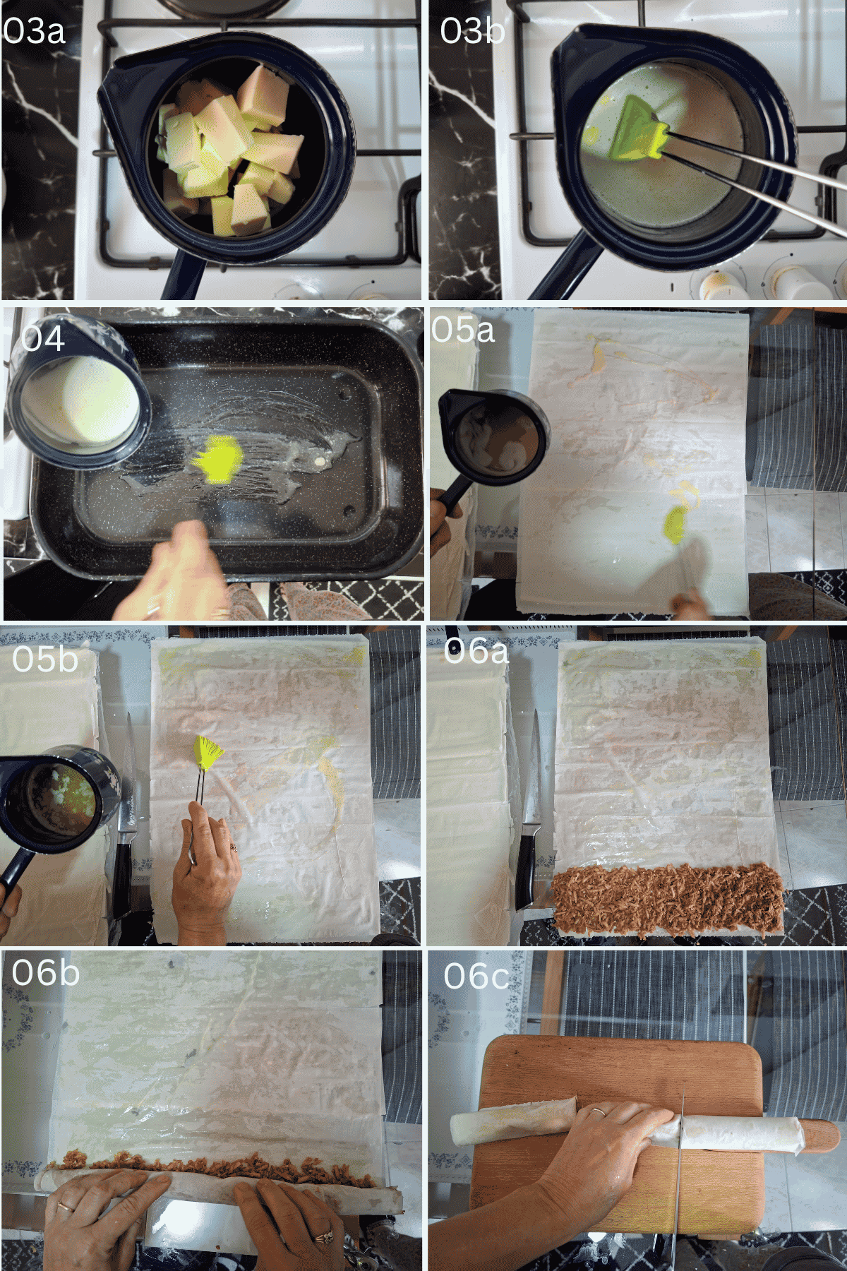 Eight photos depicting putting together Balkan apple pie.