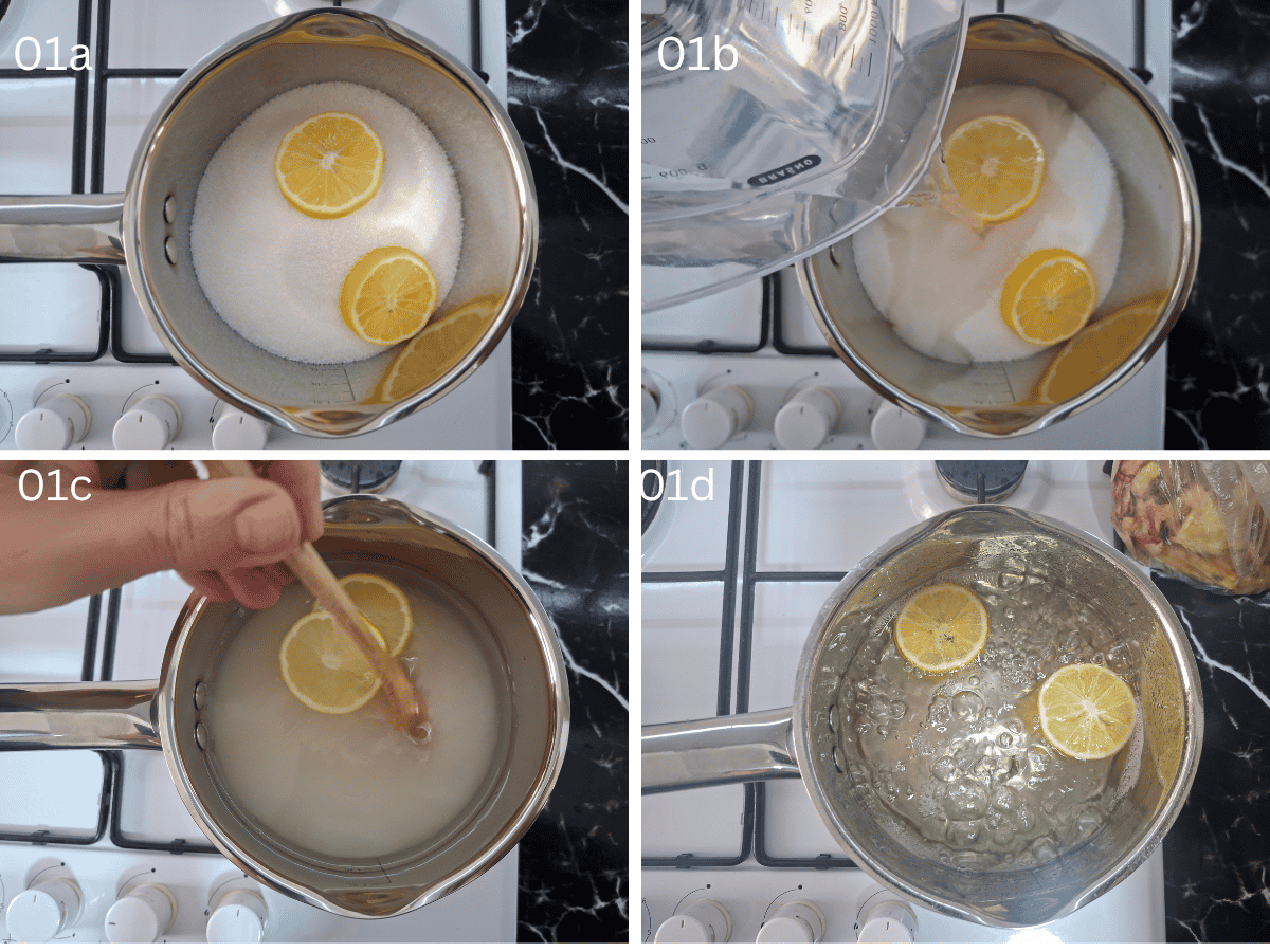 Four photos depicting how to make simple sirup - water, sugar, lemon in pan, brought to a boil.
